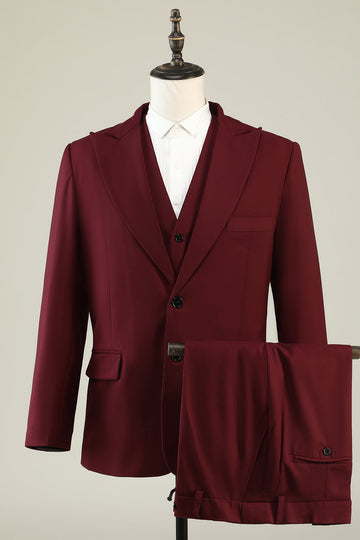 Burgund Peak Lapel 3 Piece Menns Prom Drakter